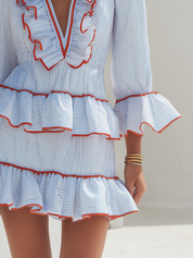 Romantic Blue Striped Ruffle Trim Mini Dress