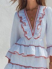 Romantic Blue Striped Ruffle Trim Mini Dress