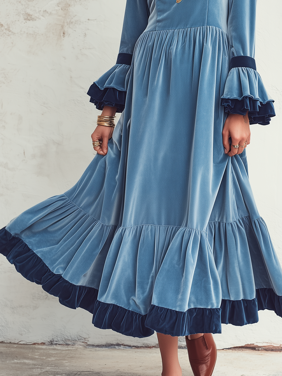 Romantic Dusty Blue Contrast Ruffle Maxi Dress