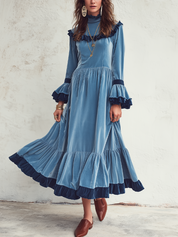 Romantic Dusty Blue Contrast Ruffle Maxi Dress