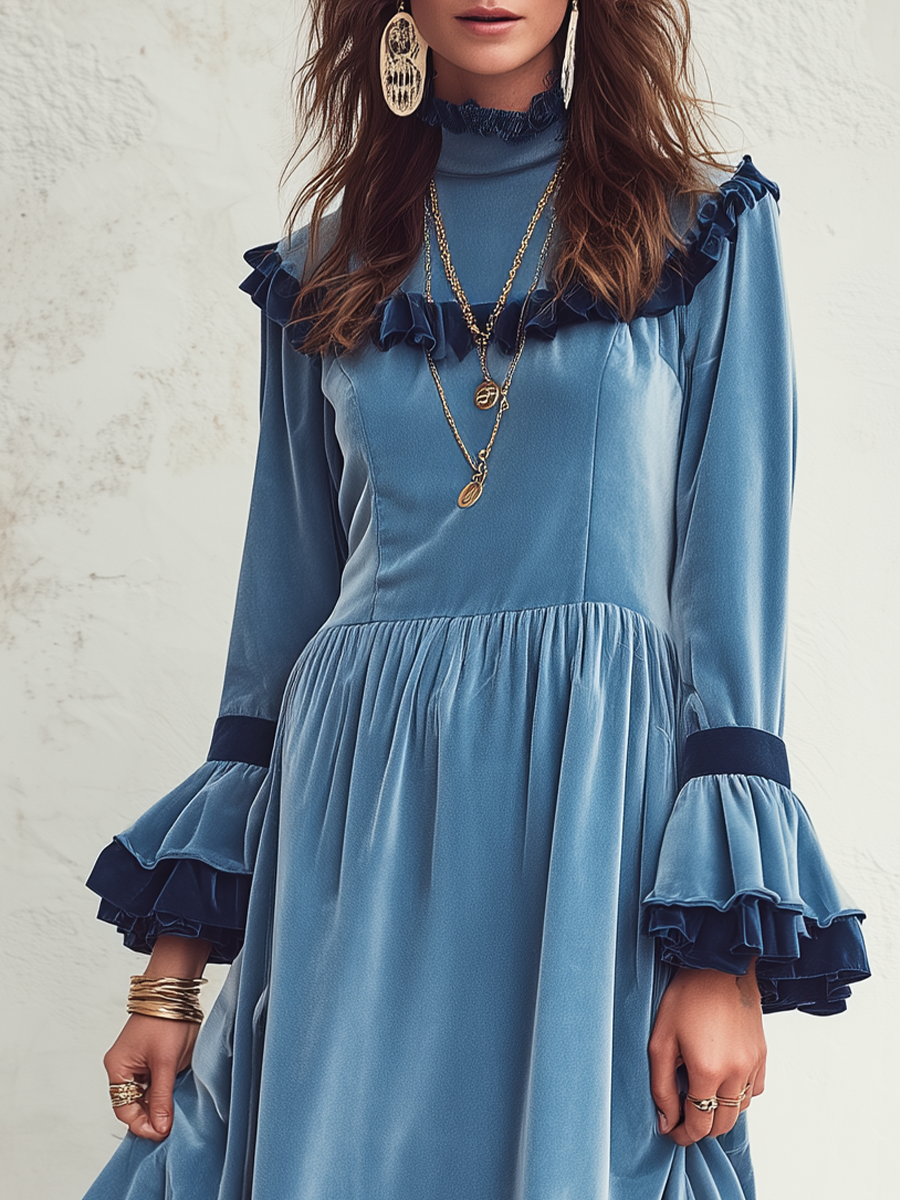 Romantic Dusty Blue Contrast Ruffle Maxi Dress