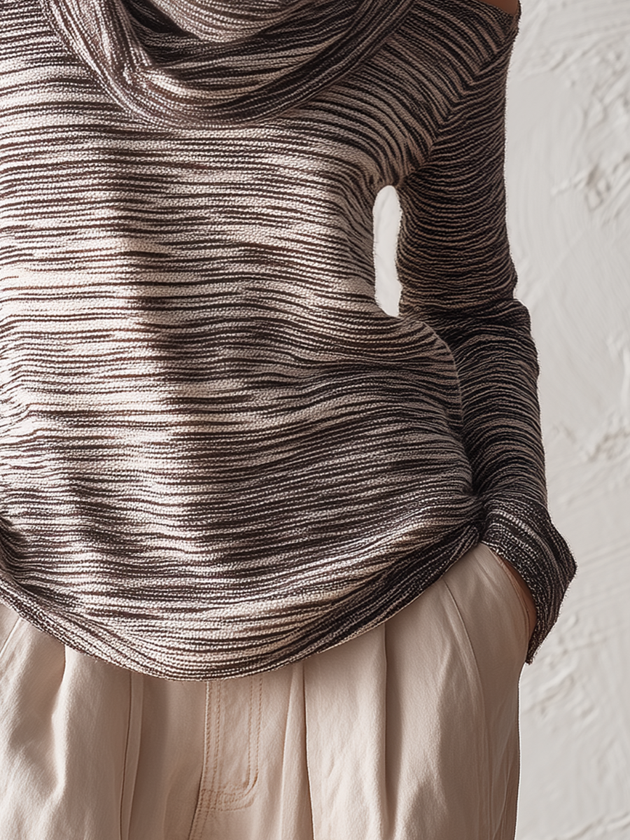 Relaxed Brown Striped Cowl Neck Knit Top