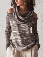 Relaxed Brown Striped Cowl Neck Knit Top