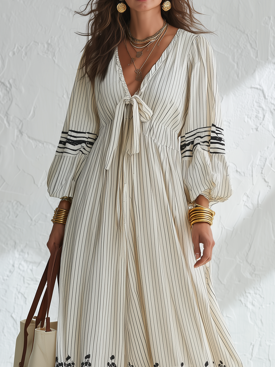 Bohemian Ivory Striped Floral Tie-Front Maxi Dress