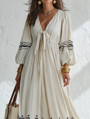 Bohemian Ivory Striped Floral Tie-Front Maxi Dress