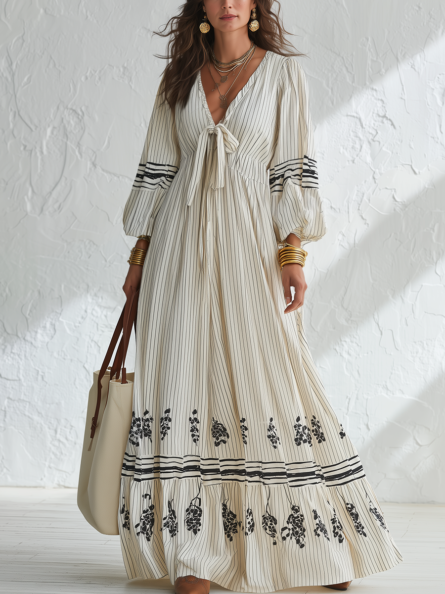 Bohemian Ivory Striped Floral Tie-Front Maxi Dress