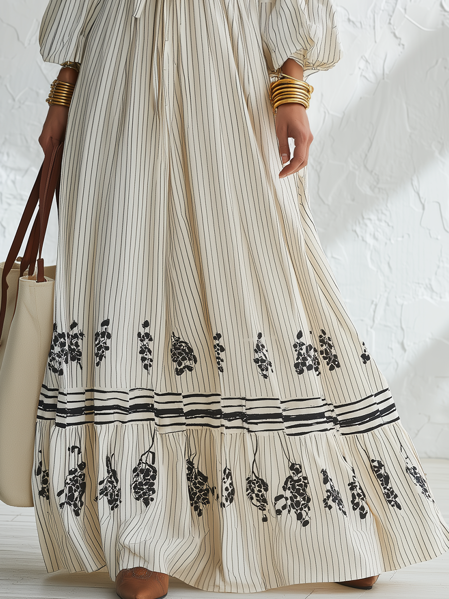 Bohemian Ivory Striped Floral Tie-Front Maxi Dress