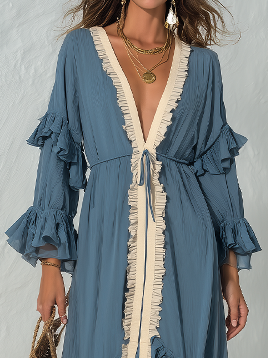 Romantic Dusty Blue Contrast Ruffle Tie-Front Maxi Dress