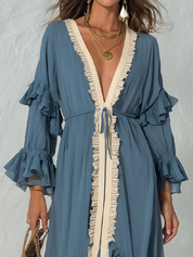 Romantic Dusty Blue Contrast Ruffle Tie-Front Maxi Dress
