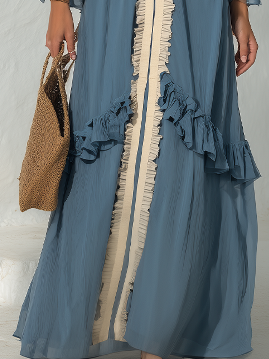 Romantic Dusty Blue Contrast Ruffle Tie-Front Maxi Dress