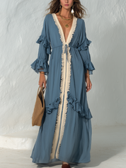 Romantic Dusty Blue Contrast Ruffle Tie-Front Maxi Dress