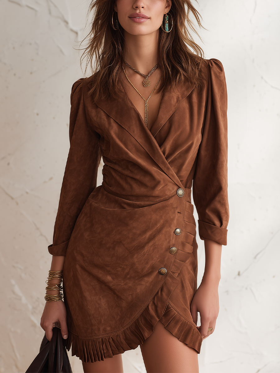 Vintage Cognac Wrap Ruffle Mini Dress