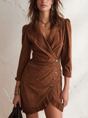 Vintage Cognac Wrap Ruffle Mini Dress