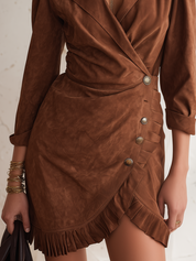 Vintage Cognac Wrap Ruffle Mini Dress