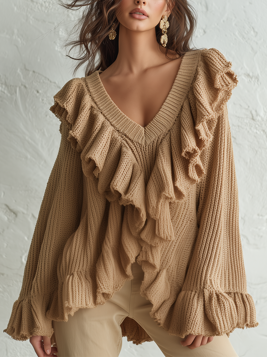 Romantic Camel Ruffle V-Neck Knit Sweater