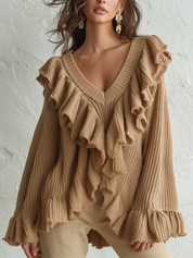 Romantic Camel Ruffle V-Neck Knit Sweater