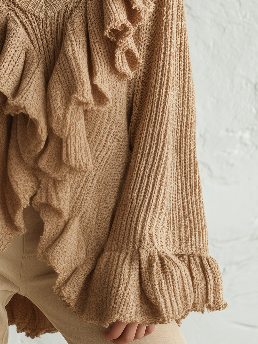 Romantic Camel Ruffle V-Neck Knit Sweater
