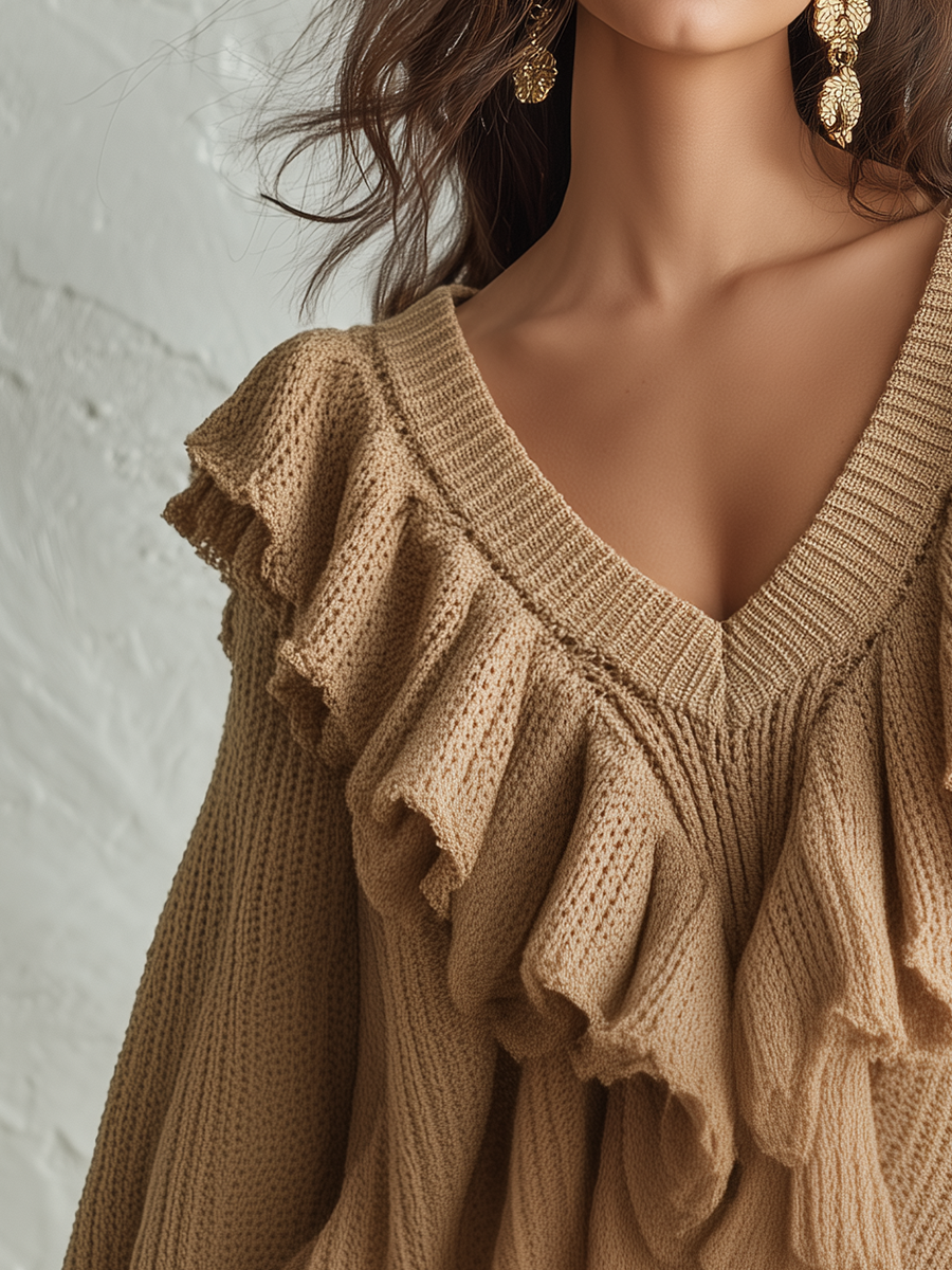 Romantic Camel Ruffle V-Neck Knit Sweater