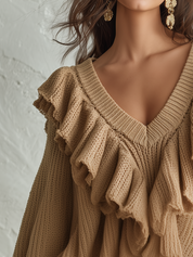 Romantic Camel Ruffle V-Neck Knit Sweater