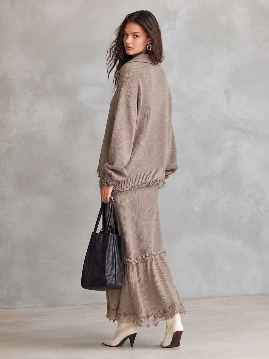 Ruffle Trim Collared Knit Sweater & Maxi Skirt Two-Piece Set