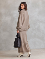 Ruffle Trim Collared Knit Sweater & Maxi Skirt Two-Piece Set