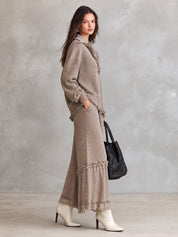 Ruffle Trim Collared Knit Sweater & Maxi Skirt Two-Piece Set