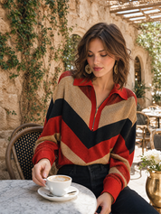 Distinctive Rust Multi-Color Chevron Zip Knit Top