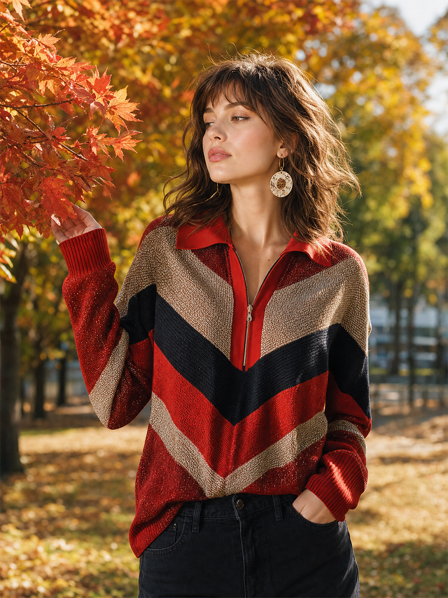 Distinctive Rust Multi-Color Chevron Zip Knit Top