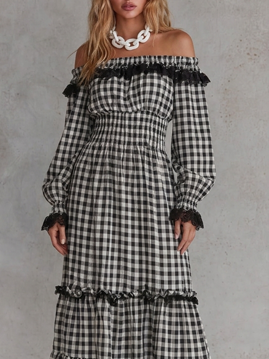 Vintage Romance Off Shoulder Gingham Maxi Dress