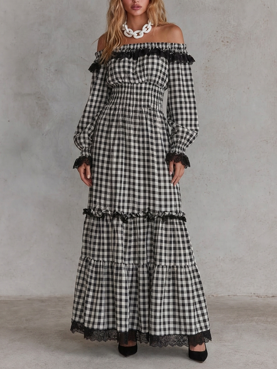 Vintage Romance Off Shoulder Gingham Maxi Dress