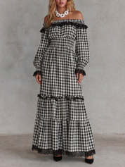 Vintage Romance Off Shoulder Gingham Maxi Dress
