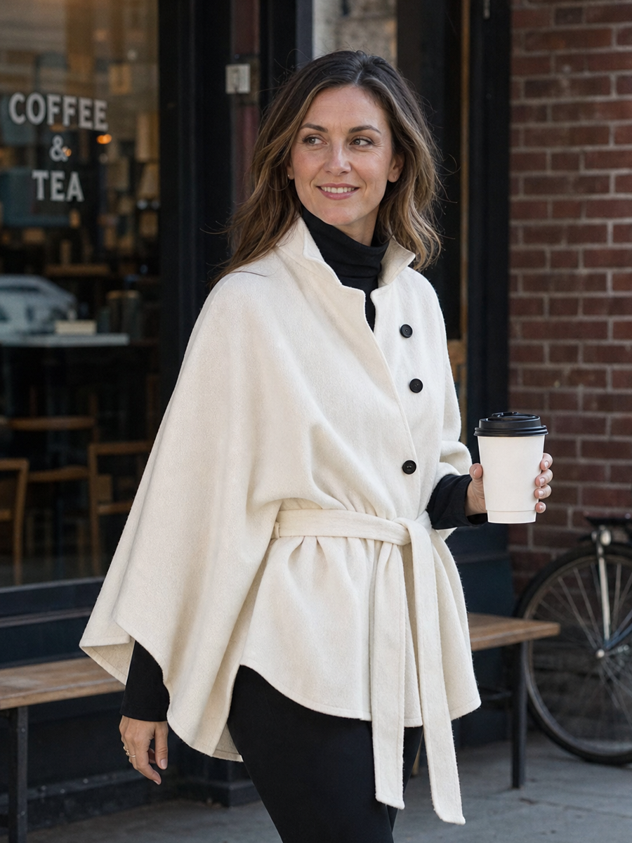 Minimalist Ivory Cape Sleeve Belted Jacket