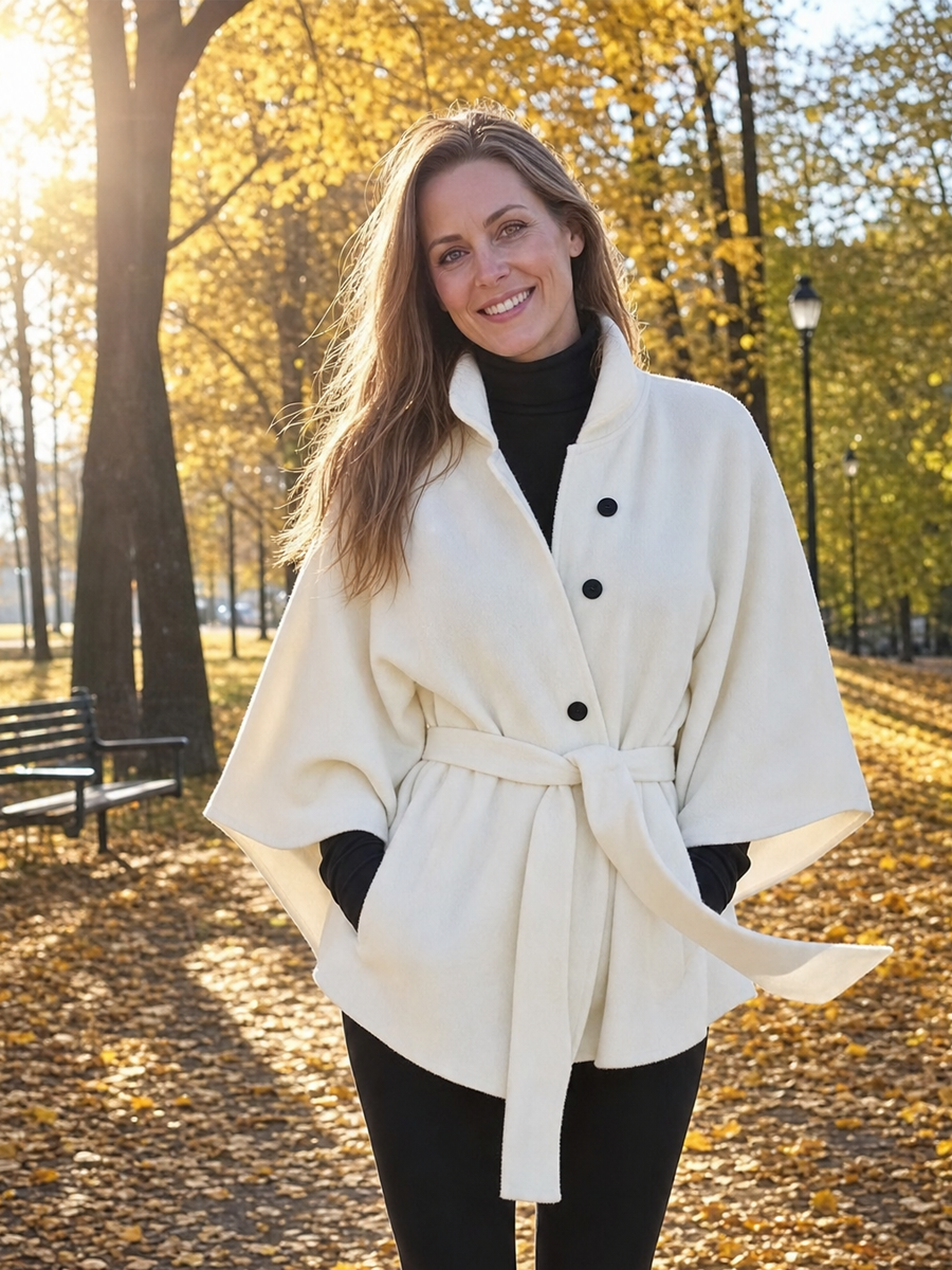 Minimalist Ivory Cape Sleeve Belted Jacket