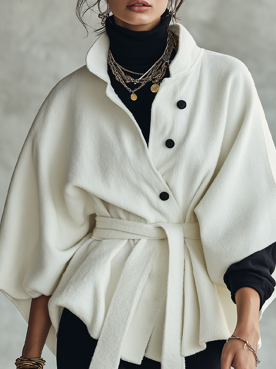 Minimalist Ivory Cape Sleeve Belted Jacket