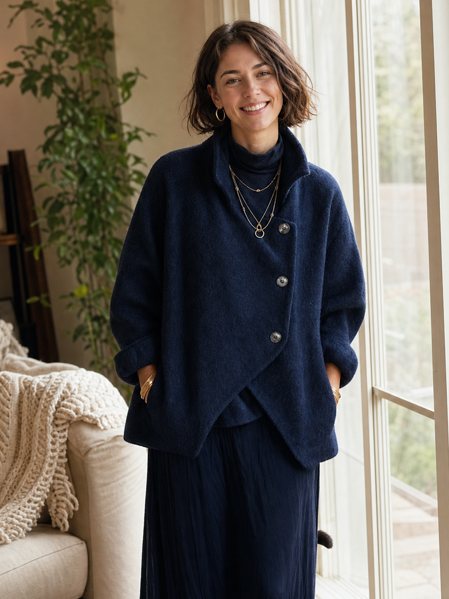 Navy Blue Soft Asymmetrical Button Jacket