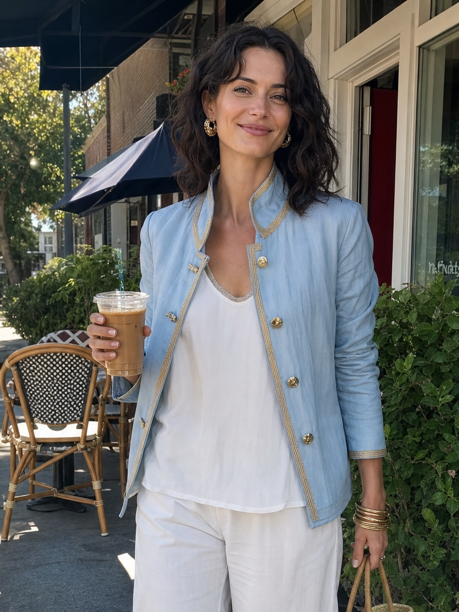 Elegant Blue Linen Blend Gold Trim Jacket