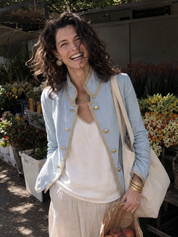 Elegant Blue Linen Blend Gold Trim Jacket