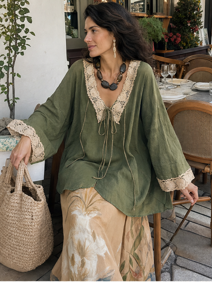 Boho Artisan Olive Lace Blouse & Watercolor Skirt Set