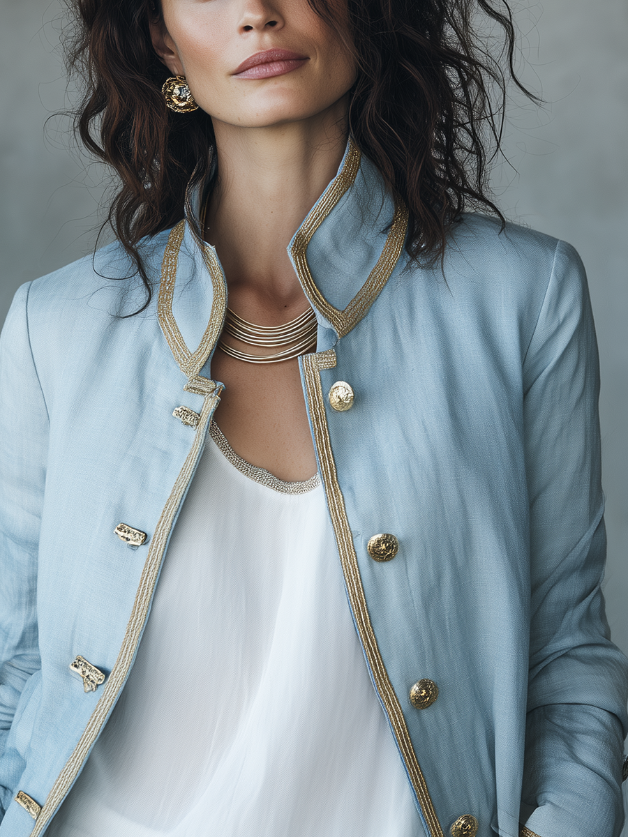 Elegant Blue Linen Blend Gold Trim Jacket