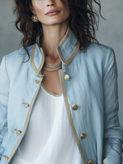 Elegant Blue Linen Blend Gold Trim Jacket