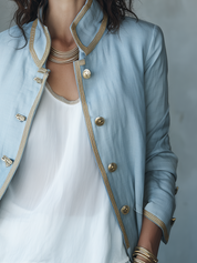 Elegant Blue Linen Blend Gold Trim Jacket