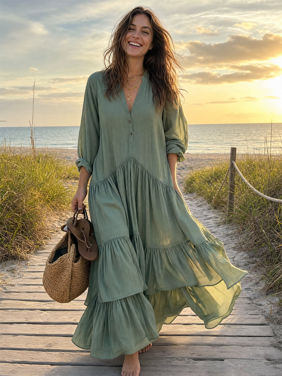 Bohemian Sage Green Tiered V-Neck Maxi Dress