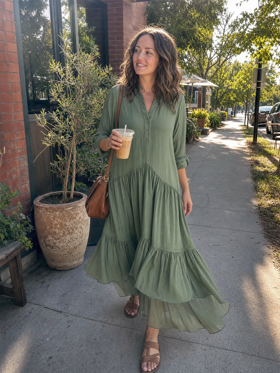 Bohemian Sage Green Tiered V-Neck Maxi Dress