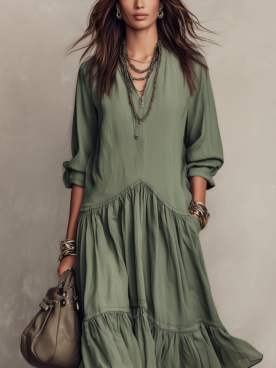 Bohemian Sage Green Tiered V-Neck Maxi Dress