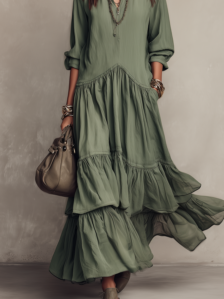 Bohemian Sage Green Tiered V-Neck Maxi Dress