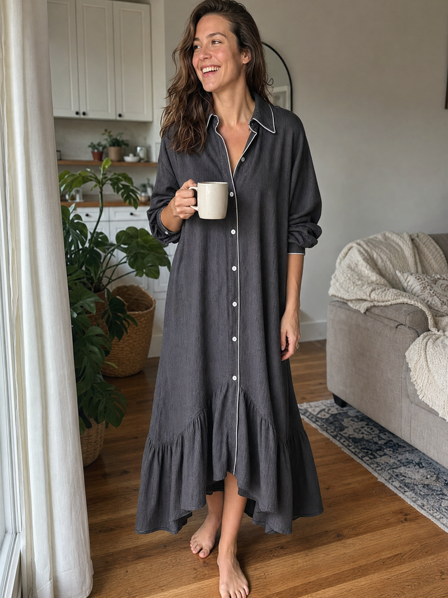 Charcoal Ruffle Hem Maxi Shirt Dress