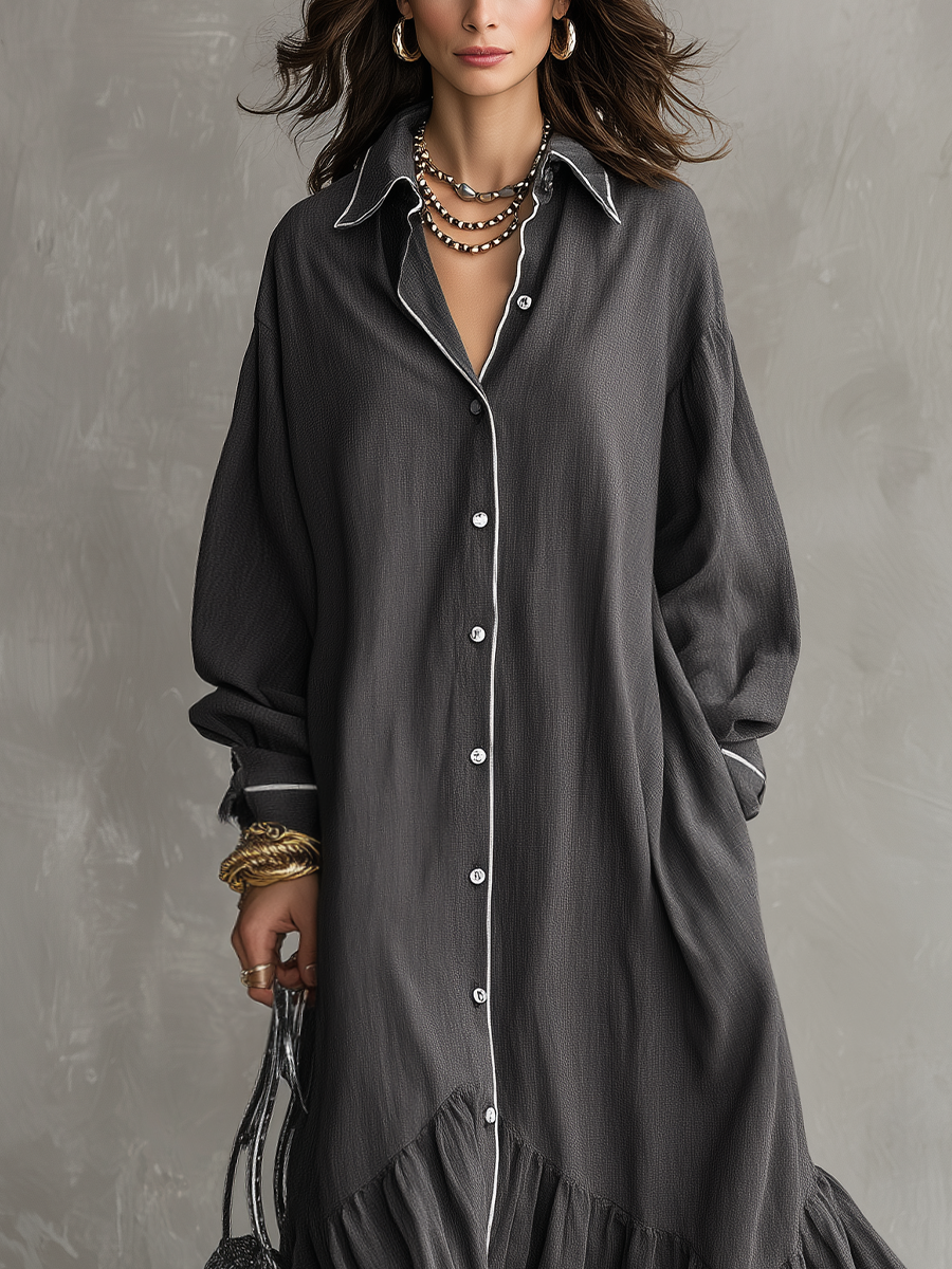 Charcoal Ruffle Hem Maxi Shirt Dress