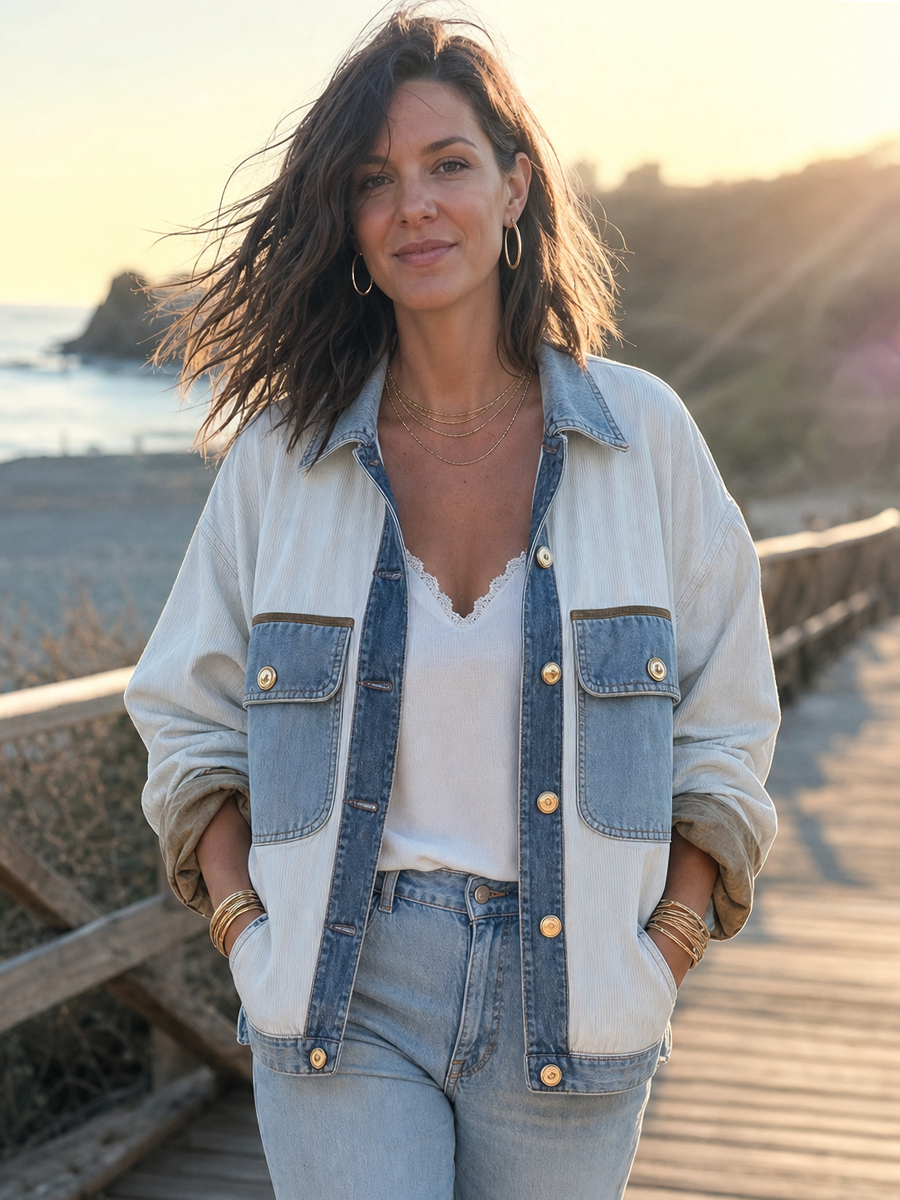 Light Blue Denim-trimmed Pocket Jacket