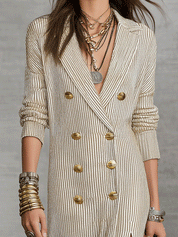 Old-Money Pinstripe Woven Tailored Oatmeal Maxi Blazer Dress