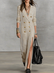 Old-Money Pinstripe Woven Tailored Oatmeal Maxi Blazer Dress